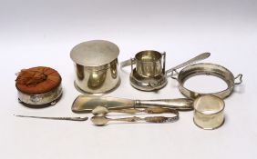 A group of assorted Chinese white metal items, including a box and cover by Lainchang, base by