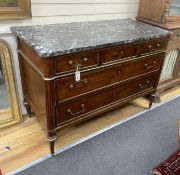 A Louis XVI brass mounted mahogany marble top commode, width 128cm, depth 59cm, height 89cm