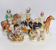 Six 19th century Staffordshire pottery equestrian groups, 25cm