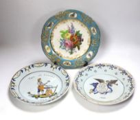 A pair of French revolution commemorative faience dishes and an 18th century Sevres plate, with
