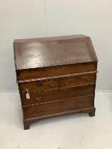 A mid 18th century oak bureau, width 91cm, depth 52cm, height 102cm