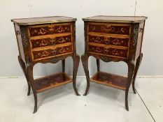 A pair of Louis XVI style marquetry inlaid gilt metal mounted kingwood three drawer bedside