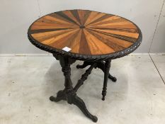 A late 19th century Anglo Indian specimen wood and ebony Sutherland table, width 75cm extended,