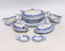 A mid 19th century Staffordshire blue and white child’s toy dinner service, largest 17cm wide (7)
