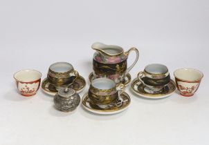 A Chinese white metal unsigned pot and cover, 5cm high, together with two Japanese Kutani tea bowls,