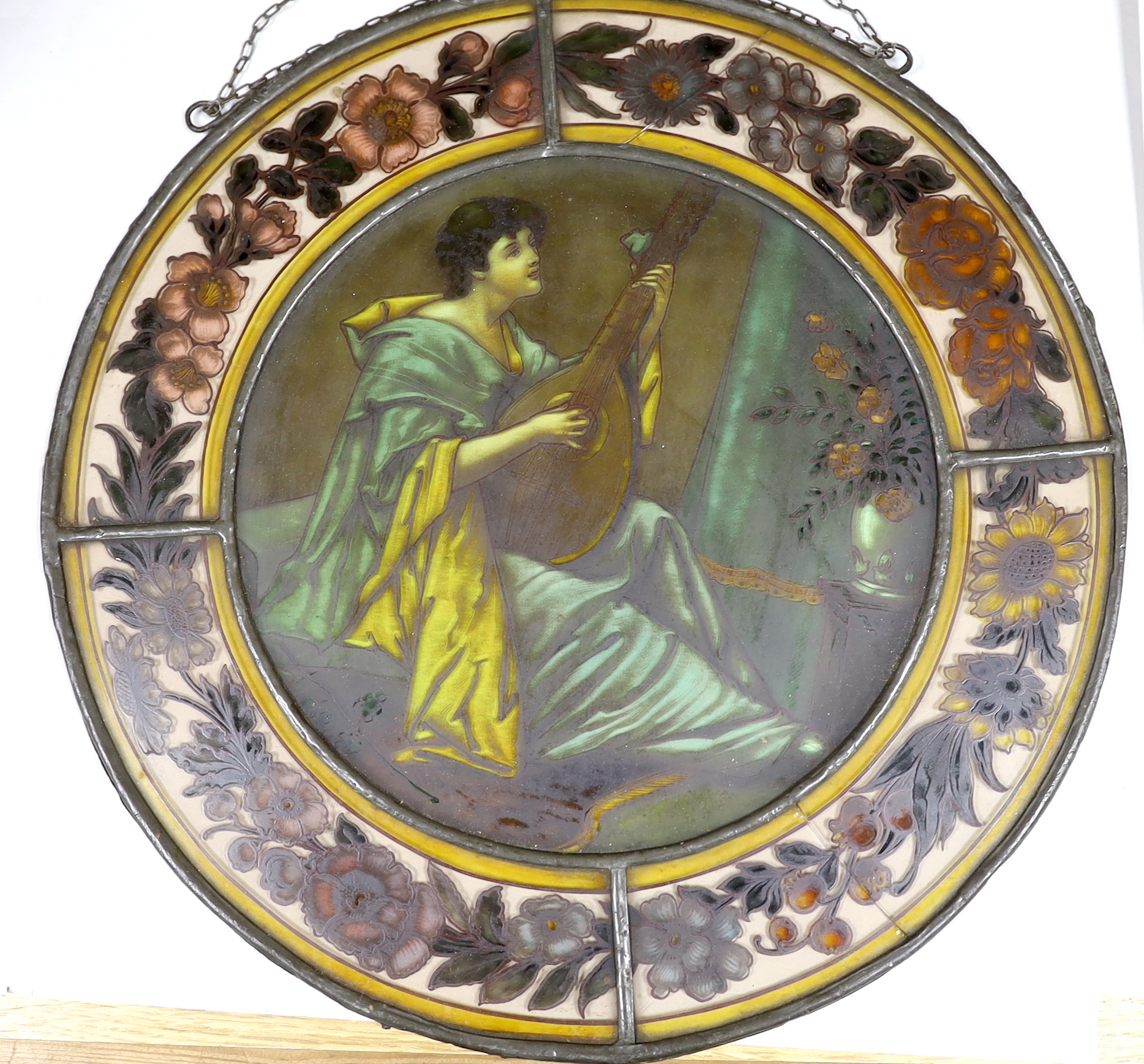 Two Victorian stained glass leaded roundels, one depicting a gentleman playing a lute, 32cm in - Image 2 of 3