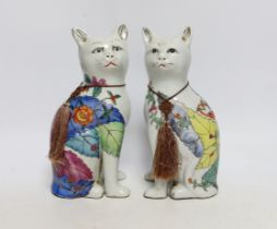 A pair of early 20th century Chinese porcelain ‘tobacco leaf’ figures of cats, 21cm