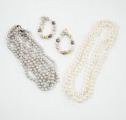 Two freshwater pearl necklaces including double strand, 56cm and a pair of 9ct and multi coloured