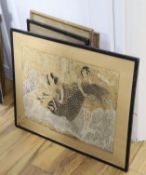 A collection of Japanese woodblock prints, including one after Moriya Jihei (Kinshindo - Mori) and