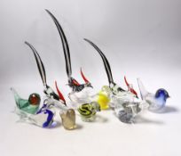 Ten Continental glass models of birds, some in the form of paperweights, tallest 26cm (to end of