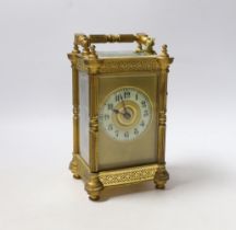 An Edwardian carriage timepiece with blind fretwork decoration, 16.5cm