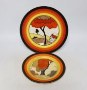 A Clarice Cliff 'Fantastisque' plate and another similar later Clarice Cliff style plate, largest