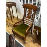 A Victorian mahogany commode elbow chair, width 55cm, depth 50cm, height 109cm