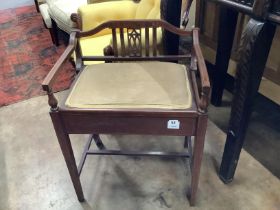 An Edwardian inlaid mahogany piano stool, width 54cm, height 72cm together with an Edwardian oval