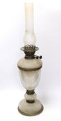 A Victorian hobnail cut glass and brass mounted oil lamp, 68cm high including chimney