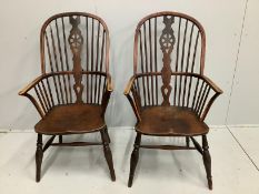 A pair of 19th century Thames Valley elm and beech Windsor wheelback armchairs, width 59cm, depth