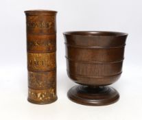 A Victorian treen spice tower and a turned oak mortar, 23cm high
