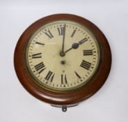 A Victorian mahogany wall clock, with pendulum, 34cm in diameter