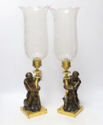 A pair of 19th century bronzed stoneware candlesticks, after a design by John Flaxman, each modelled