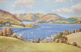 Sandison O’Neill (fl. 1930), gouache, View from Port Bannatyne, signed, Exhibition label verso, 23 x