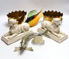 Sundry items including a Czechoslovakian glass fish, a pair of resin Sphinx models and a Chinese