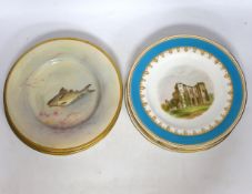 Three Royal Doulton ‘fish’ plates retailed by Ovington and three Minton plates painted with views of