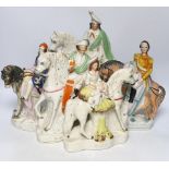 Five large Staffordshire pottery mounted equestrian groups, tallest 36cm