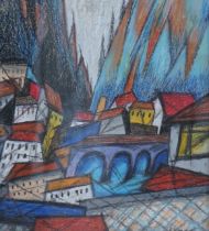 After Marcel Janco (1895-1984), crayon, Abstract cityscape, 35 x 30cm