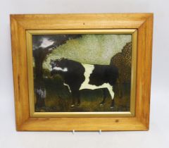 A framed Digby Turpin, enamelled plaque of a bull, overall 39cm wide x 34cm