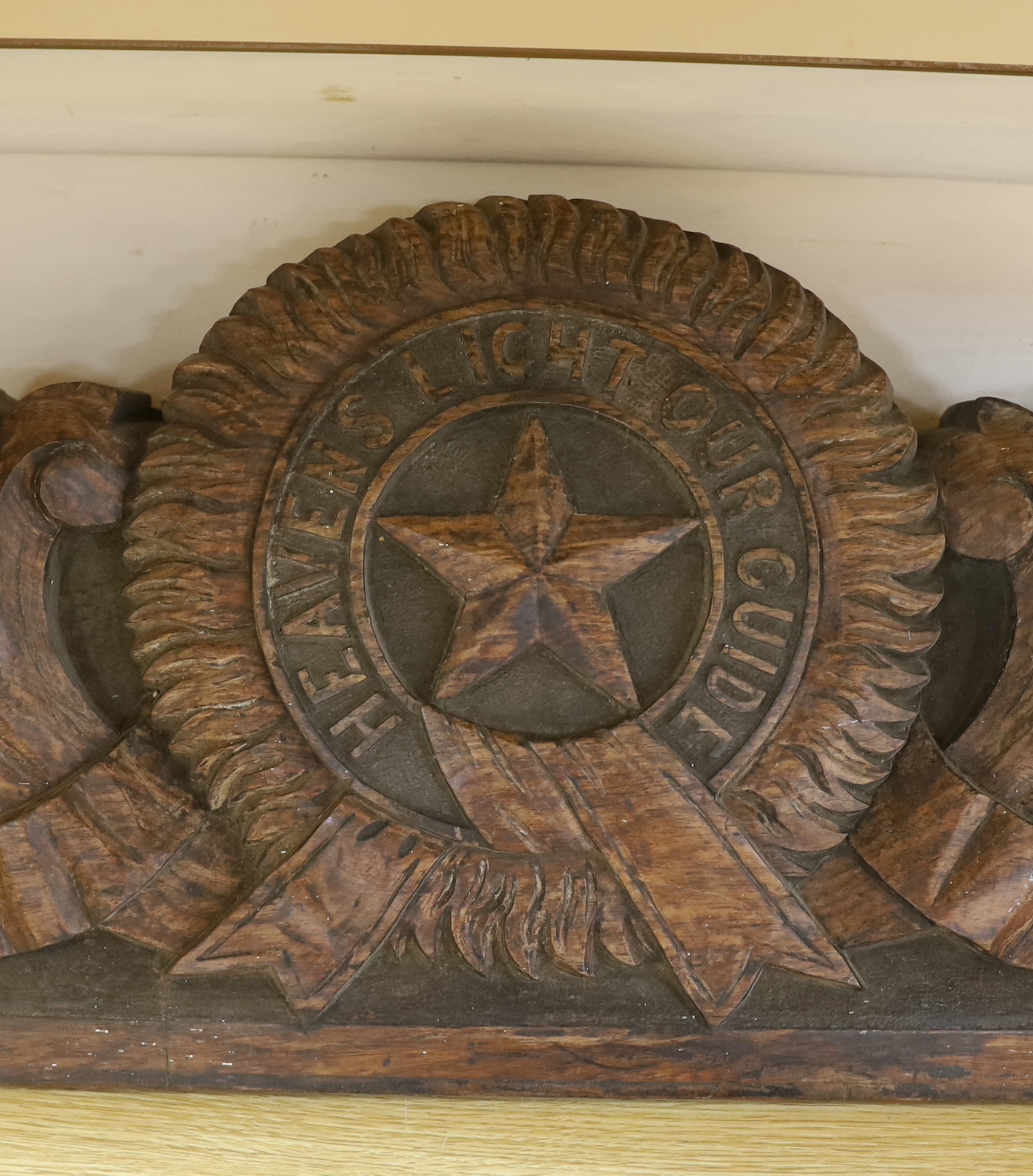 An Anglo-Indian carved hardwood panel with inscribed motto ‘Heavens Light Our Guide’, The motto - Image 2 of 2