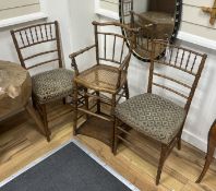 A pair of late 19th century French faux bamboo side chairs and a caned fruitwood metamorphic high