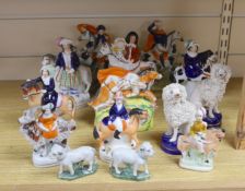 Nine Victorian Staffordshire figures or groups, three reproductions and a pair of Continental