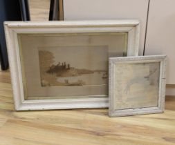 A cork picture and a Victorian engraved mirror, ‘In memory of Harry Williams, died 1893, aged