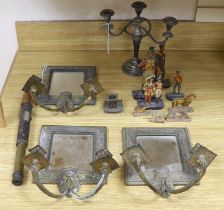 A set of three Victorian mirrored candle sconces together with various other items including a