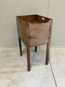 A George III faded mahogany tray top bedside cabinet, width 38cm, depth 48cm, height 79cm