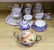 A Noritake ‘Egypt sunset scene’ bowl, a blue and white teapot and a Colclough teaset