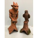 Two terracotta ridge tiles of a gargoyle and an eagle, larger height 70cm