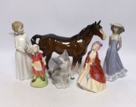 Two Royal Doulton figures, three Lladro and a Beswick horse, tallest 22cm high