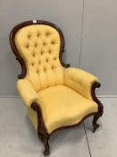 A Victorian mahogany spoon back armchair, width 76cm, depth 76cm, height 108cm