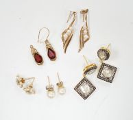 A modern pair of 9ct and garnet? earrings, a pair of Indian? yellow metal and diamond cluster set