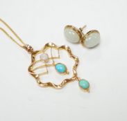 An Edwardian yellow metal, turquoise and white opal set drop pendant, 40mm, on a later 9ct gold fine