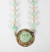 A Chinese late Qing jadeite and seed pearl choker necklace, carved jadeite and silver gilt