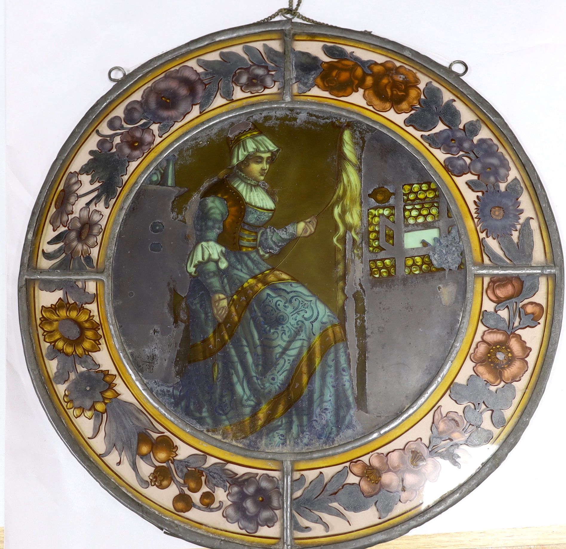 Two Victorian stained glass leaded roundels, one depicting a gentleman playing a lute, 32cm in - Image 3 of 3