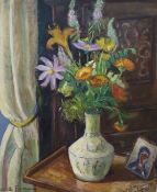 Odette Bourgain (French, 19/20th. C), oil on board, still life of flowers in a vase, signed,