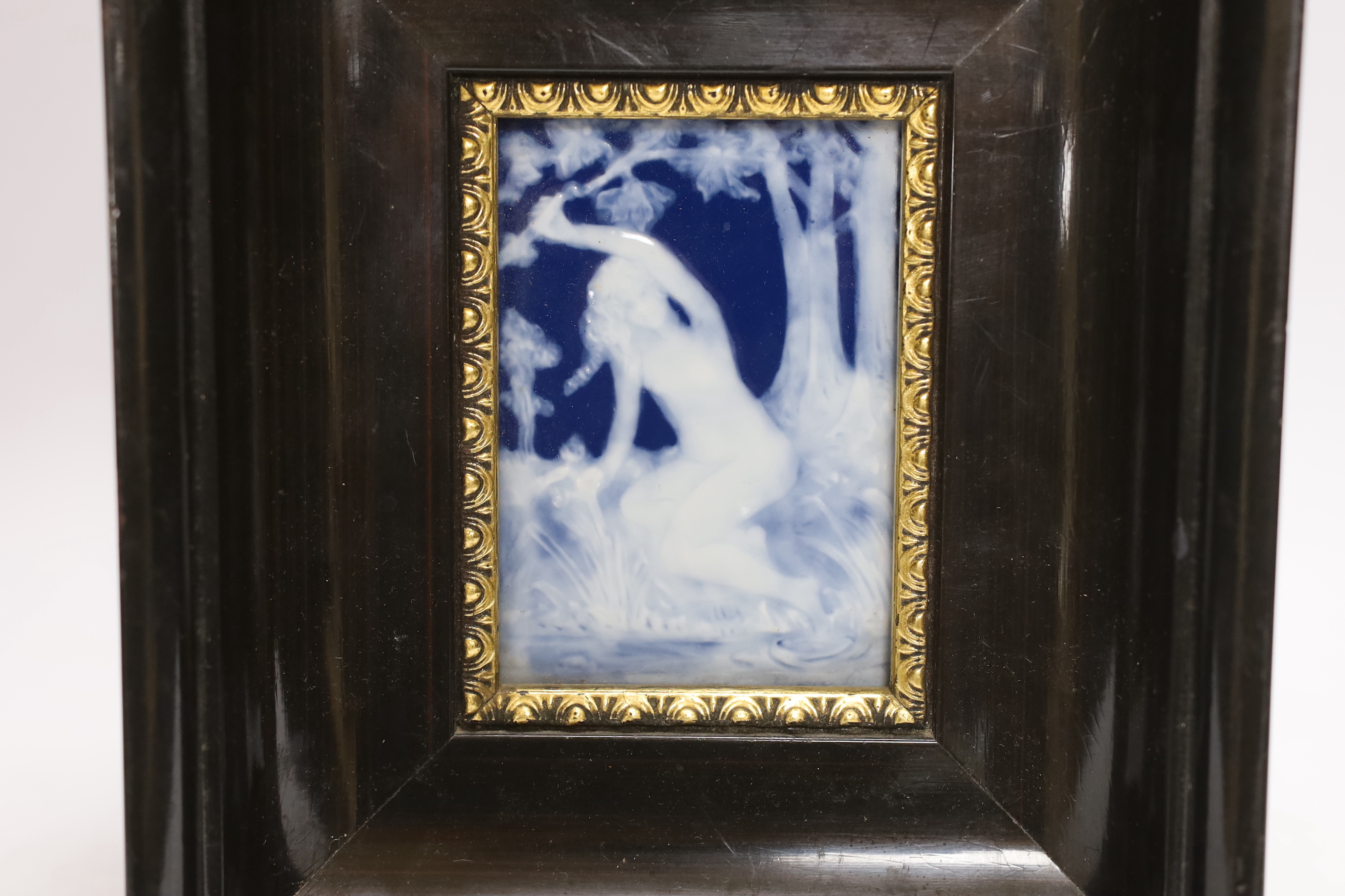 A Limoges pate sur pate plaque of a maiden in a wooded landscape by Marcel Chaufriasse, framed, - Image 2 of 3