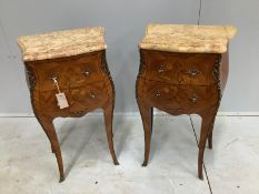 A pair of Louis XV style gilt metal mounted inlaid kingwood marble top bombe bedside chests, width