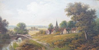 English School c.1900, oil on canvas, River beyond village scene, unsigned, 23 x 43cm