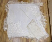 Two silk cream on cream Chinese embroidered shawls