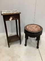 A Chinese circular rouge marble and hongmu jardiniere stand (losses), diameter 41cm, height 48cm