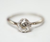 A white metal and solitaire diamond set ring, size O/P, gross weight 2.4 grams, the stone weighing